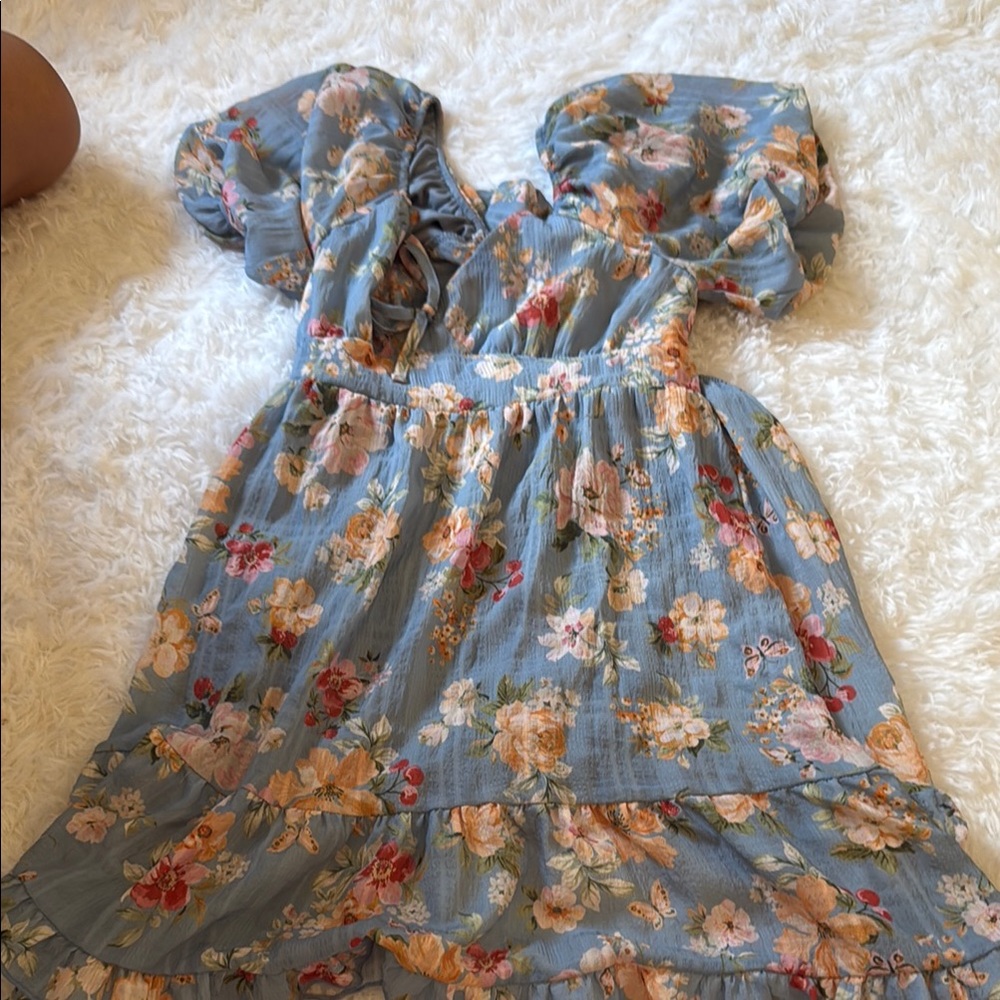 Altar'd State Blue Smocked Puff Sleeve Sundress